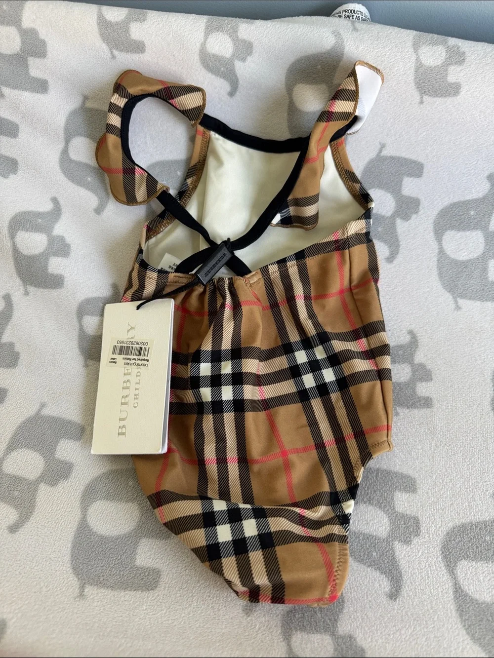 Burberry Tan Nova Check Infant One-Piece Swimsuit with Black Trim